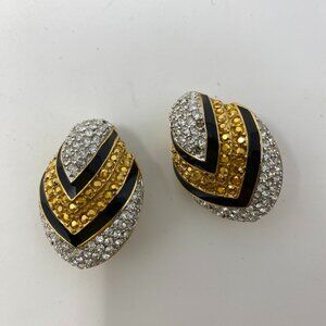 vintage st john rhinestone & enamel oval clip on earrings